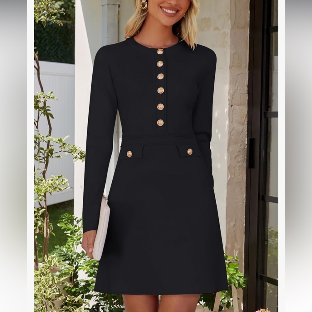 Black Long Sleeve Button Sweater Dress